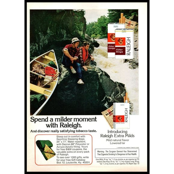 1974 Raleigh Cigarettes Milder Moment Vintage Print Ad River Rapids Canoe Decor - Picture 1 of 1